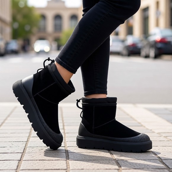 Женские мини угги с галошами Ugg Classic Mini Weather Hybrid Black (Угг Классик мини хабрид черные)